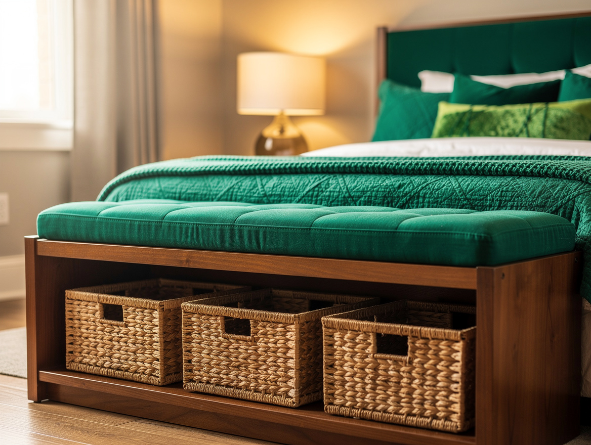 Wide atmospheric bedroom with a low storage bench holding matching baskets, text