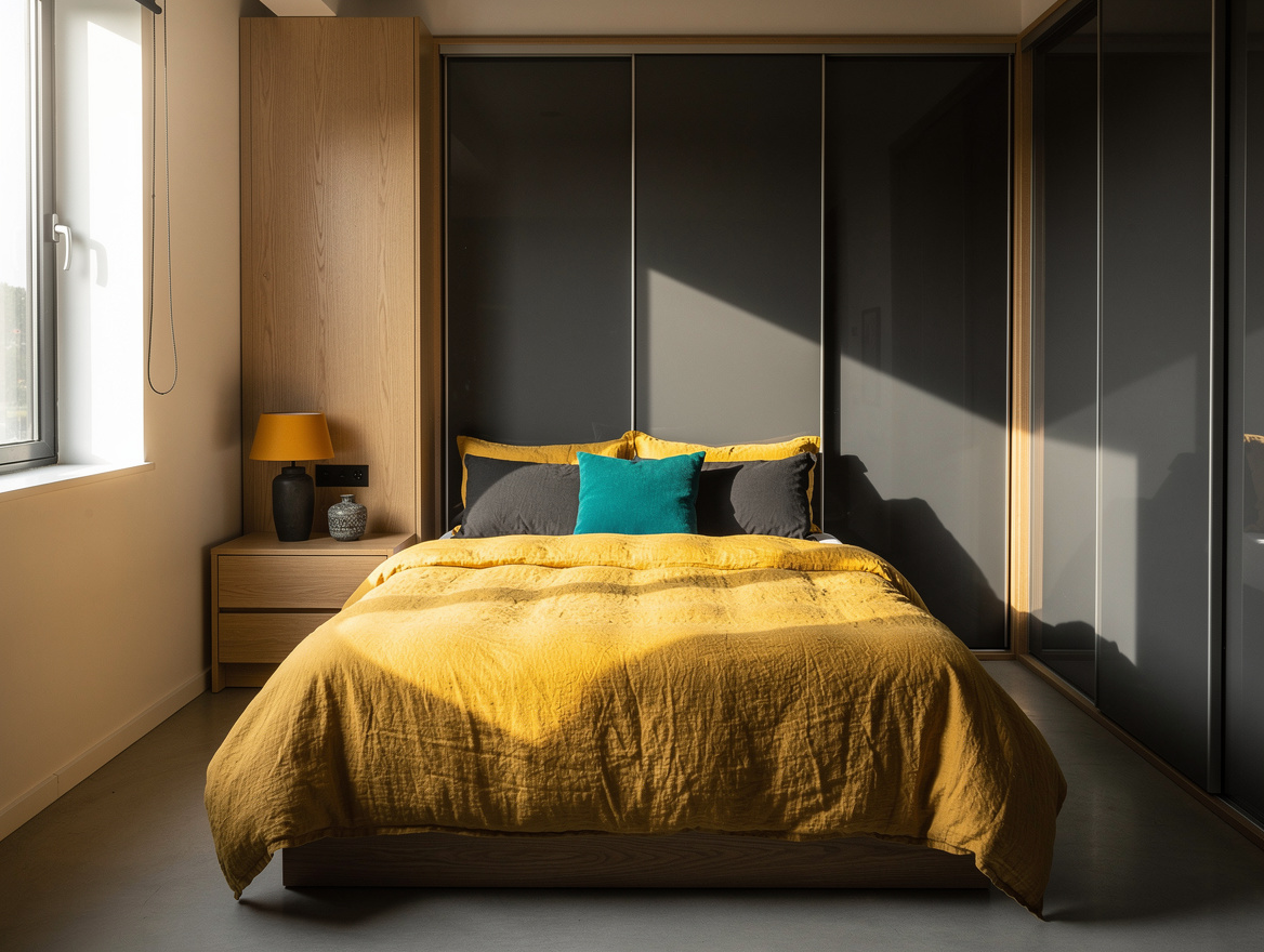 Wide atmospheric editorial photo of a small bedroom with a queen bed, sliding wa
