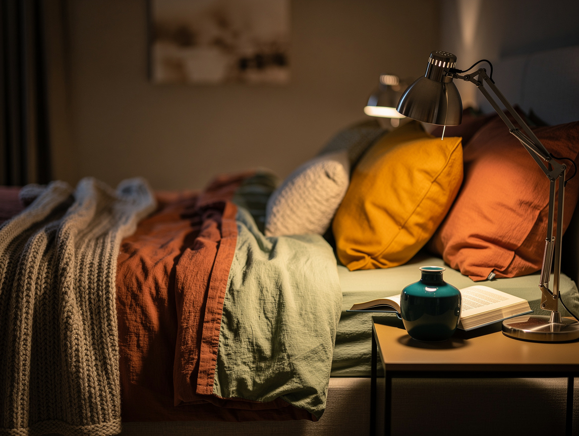 Atmospheric wide bedroom photo with a brushed metal adjustable reading lamp angl