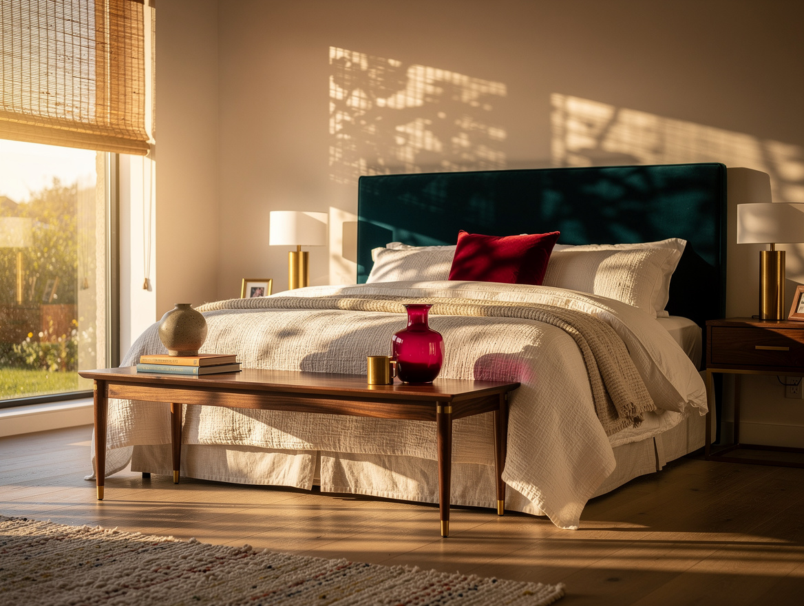 Wide atmospheric photograph of an organic modern bedroom with a shallow walnut-s