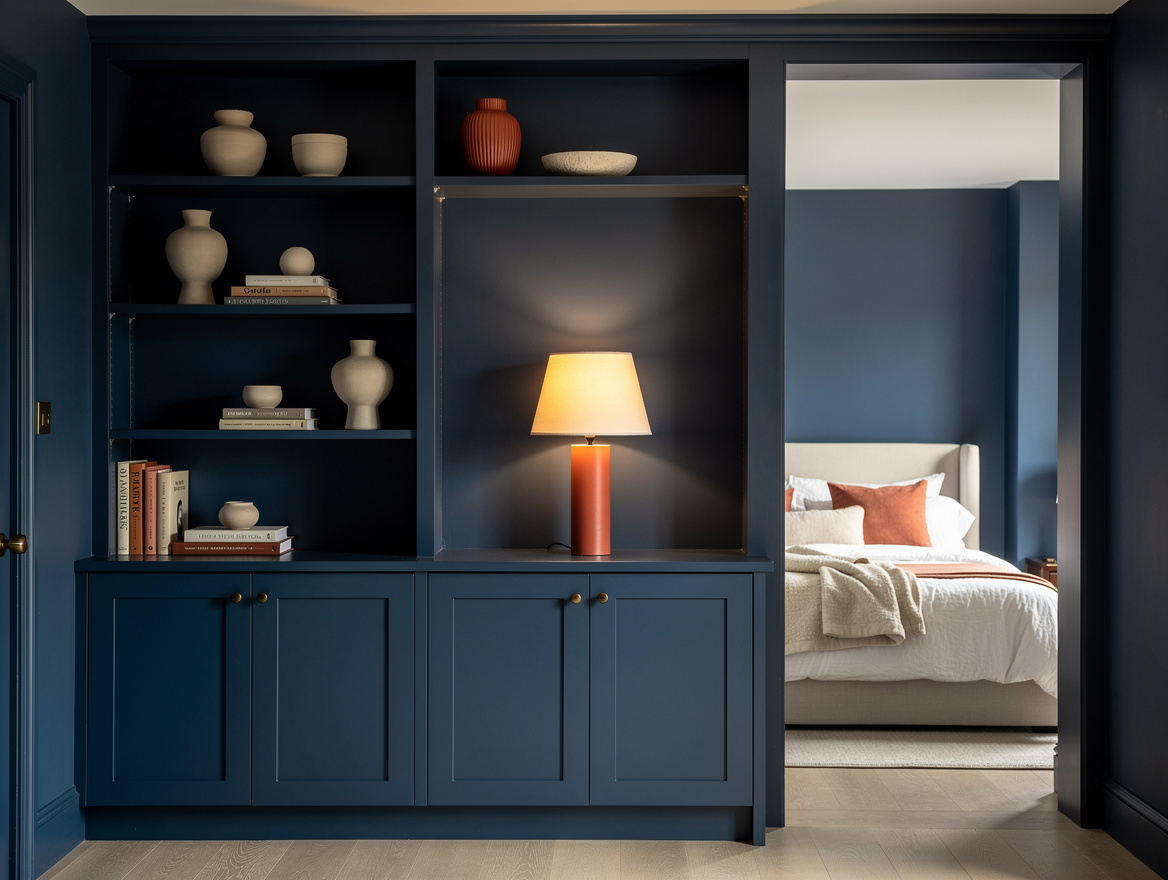 Wide atmospheric photo of a calm bedroom hall end wall with tall shallow bookcas