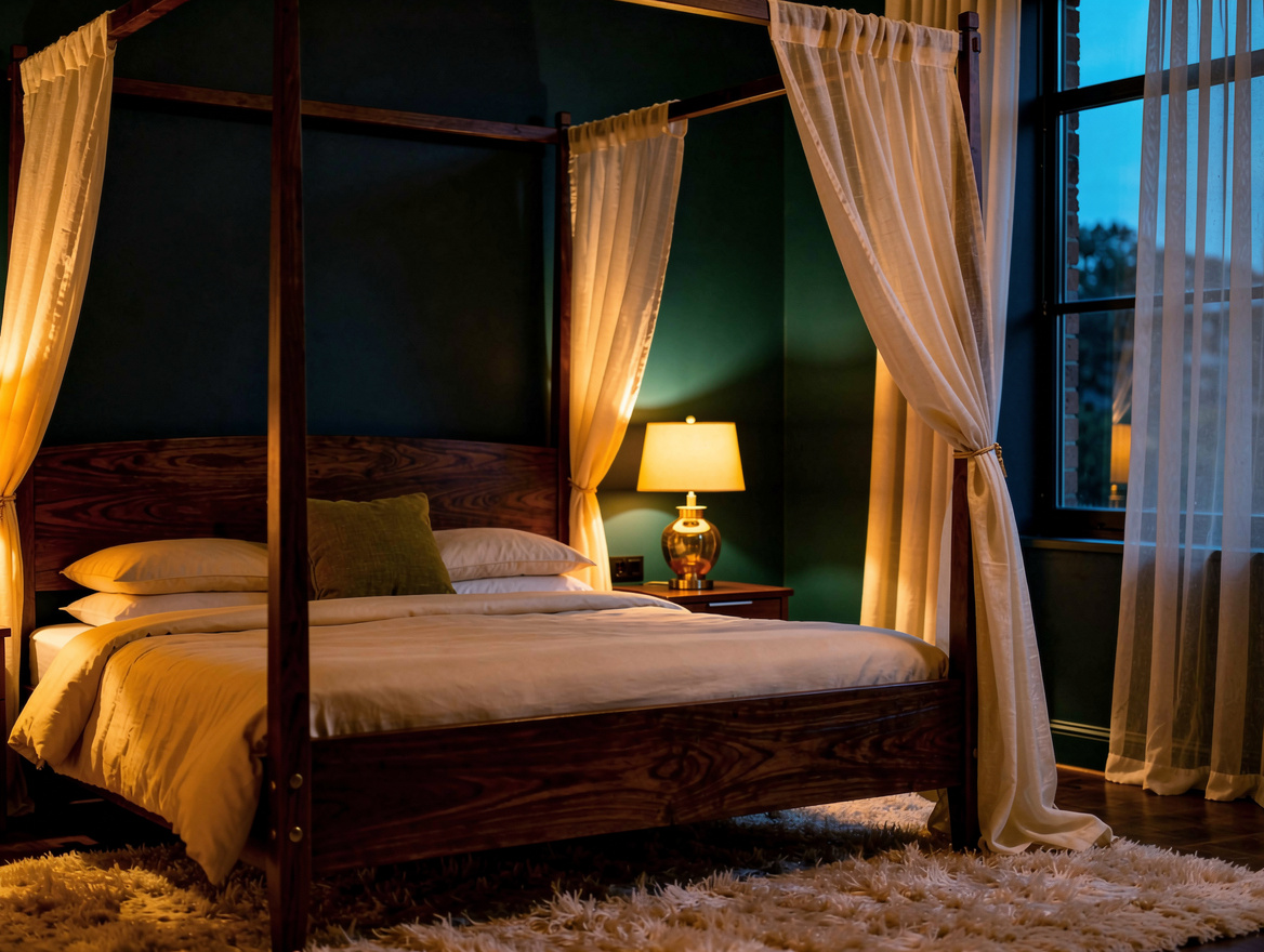 Wide atmospheric photograph of a warm cream bedroom with dark wood canopy bed, i