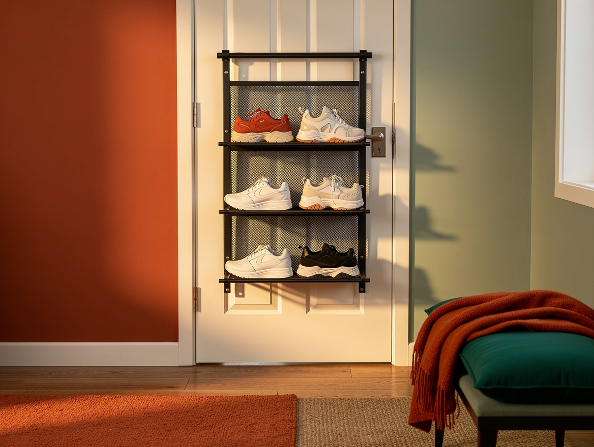 Atmospheric realistic photograph of a compact bedroom entry area with a black me