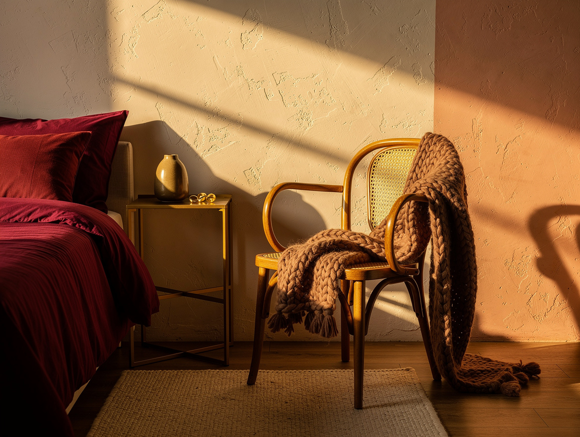 realistic editorial ambience photo of a small bedroom corner at golden hour, chu