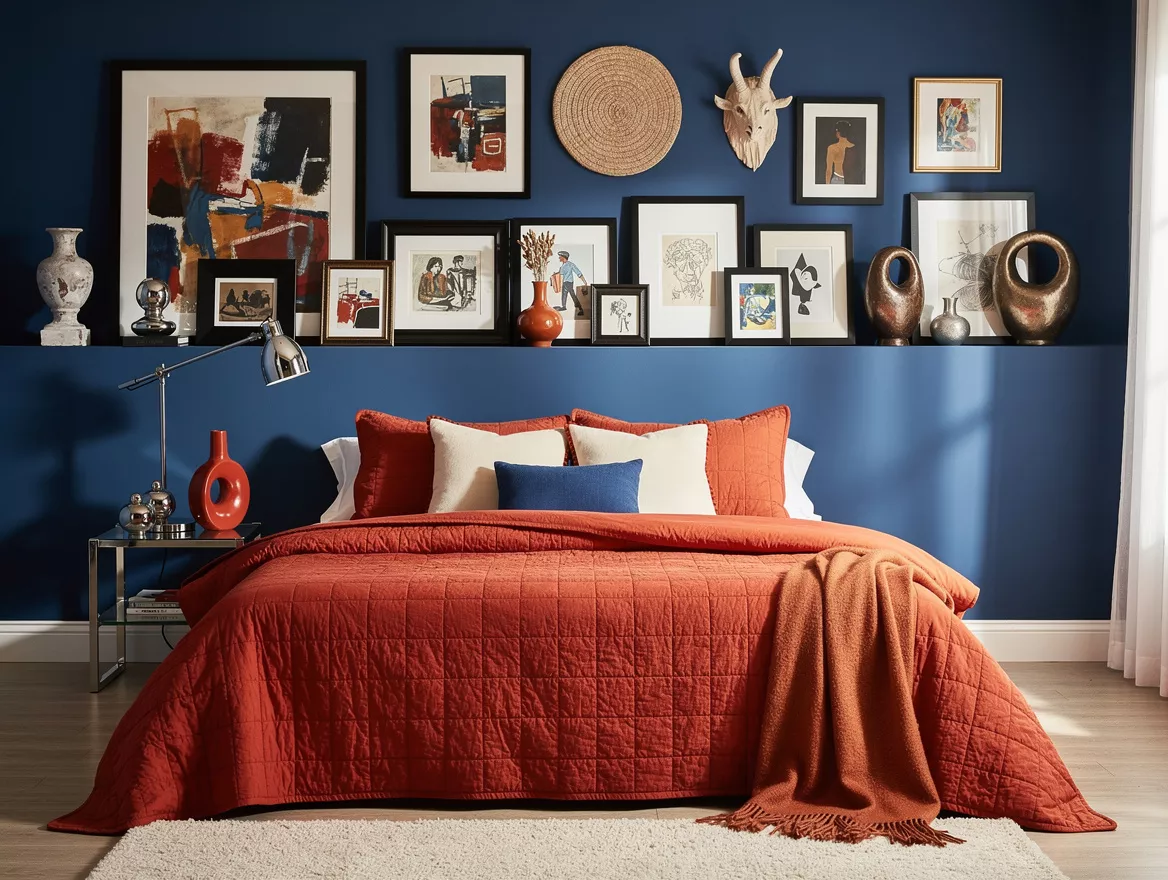 Wide atmospheric photo of a color-saturated maximalist bedroom, cobalt wall with
