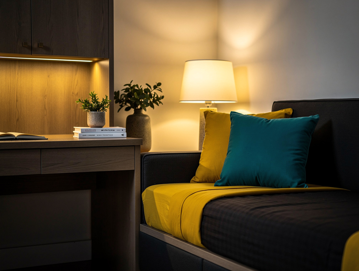 Atmospheric evening photo of a calm guest room with a closed wall desk cabinet,