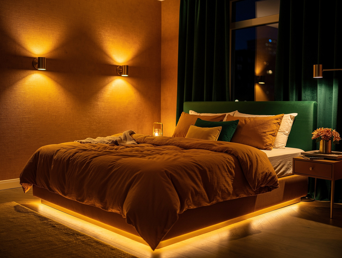 Wide atmospheric evening bedroom photo with warm layered lighting, 2700K sconces