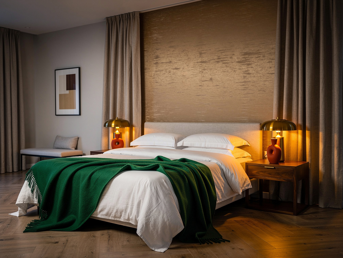 Wide atmospheric primary bedroom at dusk with a subtle sand-colored silk accent