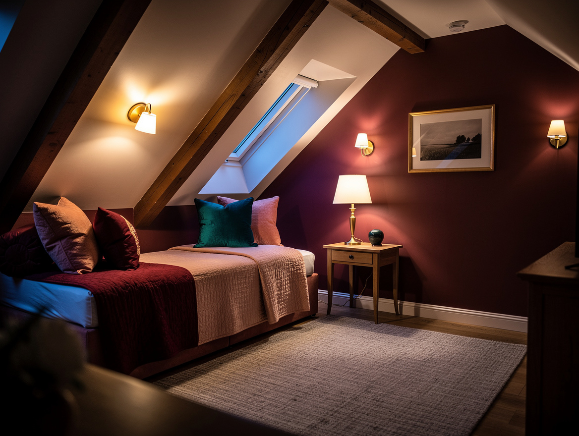 Wide atmospheric photo of a cozy attic guest room at dusk with wall sconces, a d