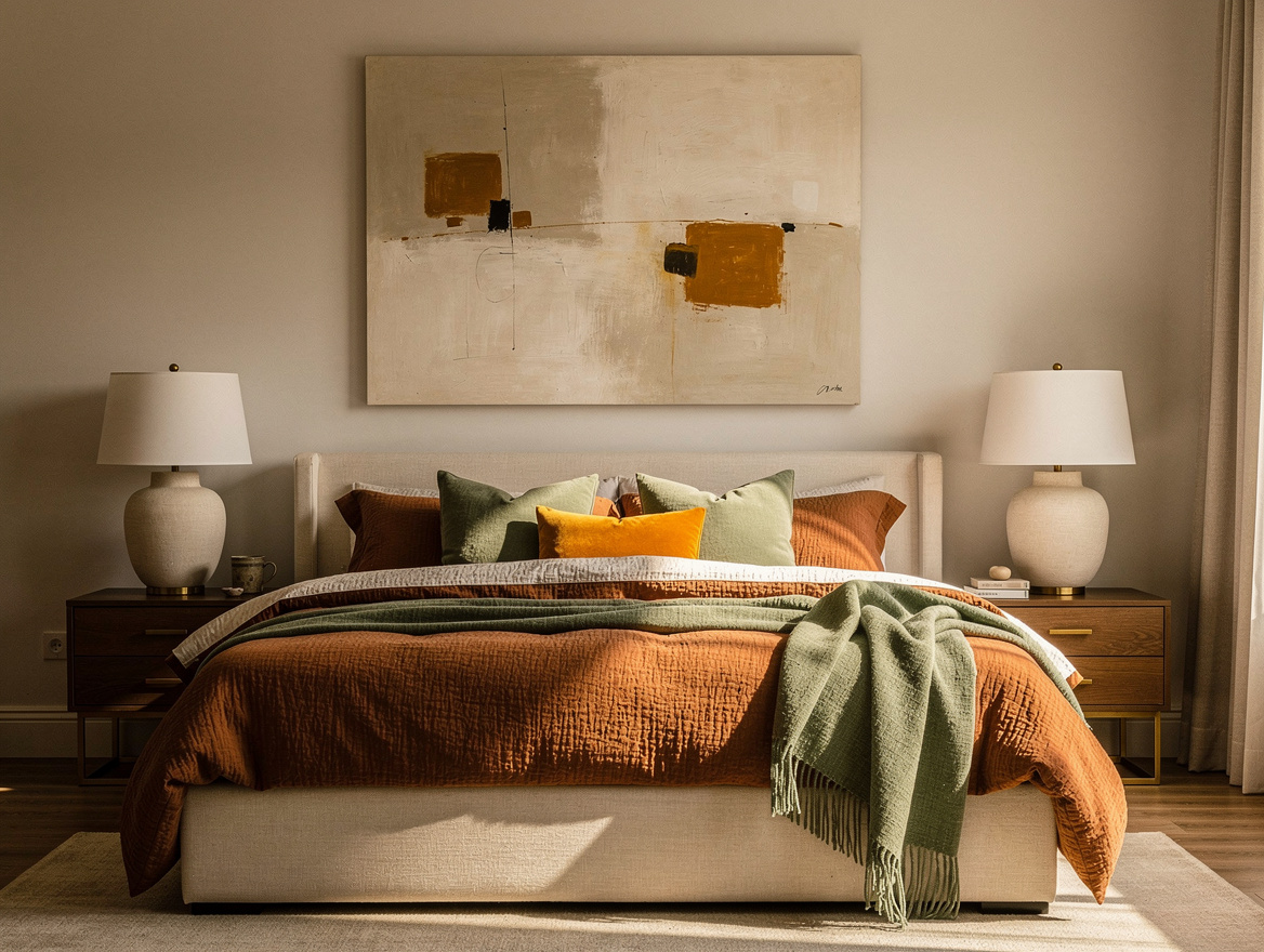 Wide atmospheric bedroom photo with a cream upholstered bed, large abstract art