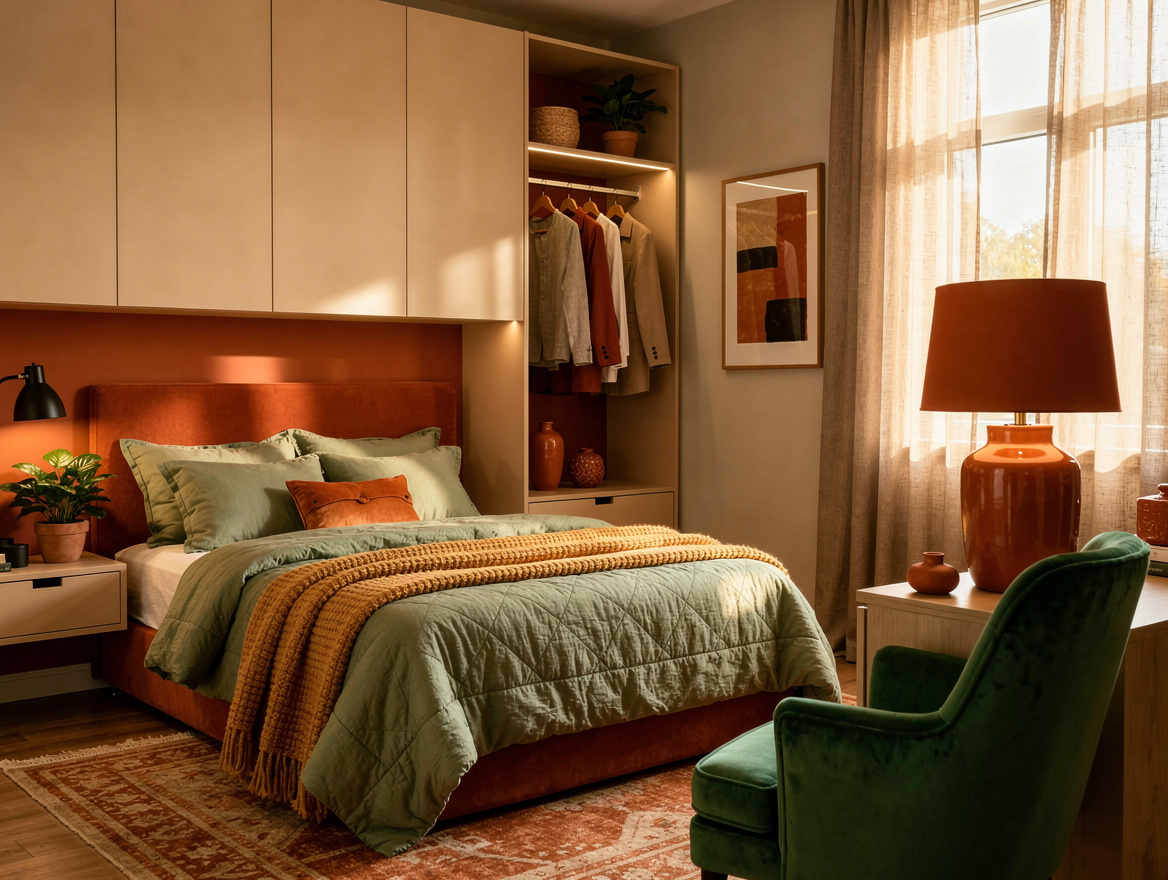 Wide atmospheric photo of a compact bedroom using shallow wall-mounted cabinets,