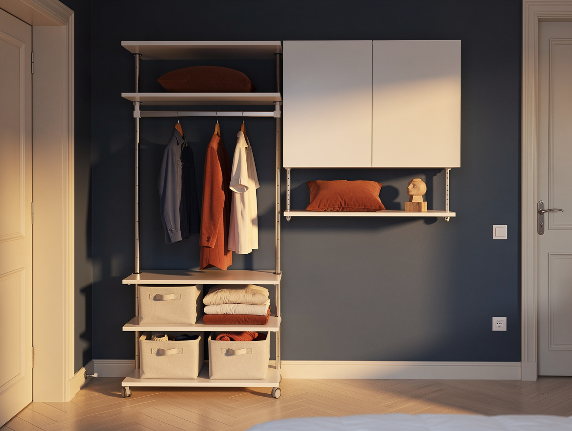 Atmospheric wide photo of a compact bedroom with a wall-mounted white modular ca
