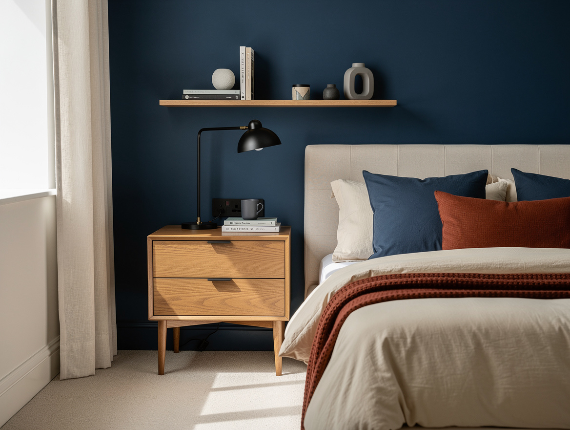 Wide atmospheric photo of a small contemporary bedroom with a wall-mounted shelf