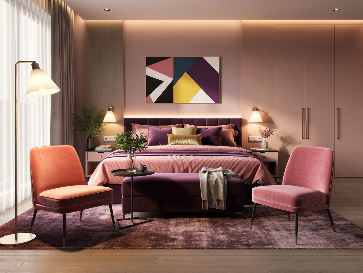 Wide atmospheric photo of a spacious couples bedroom with two compact lounge cha