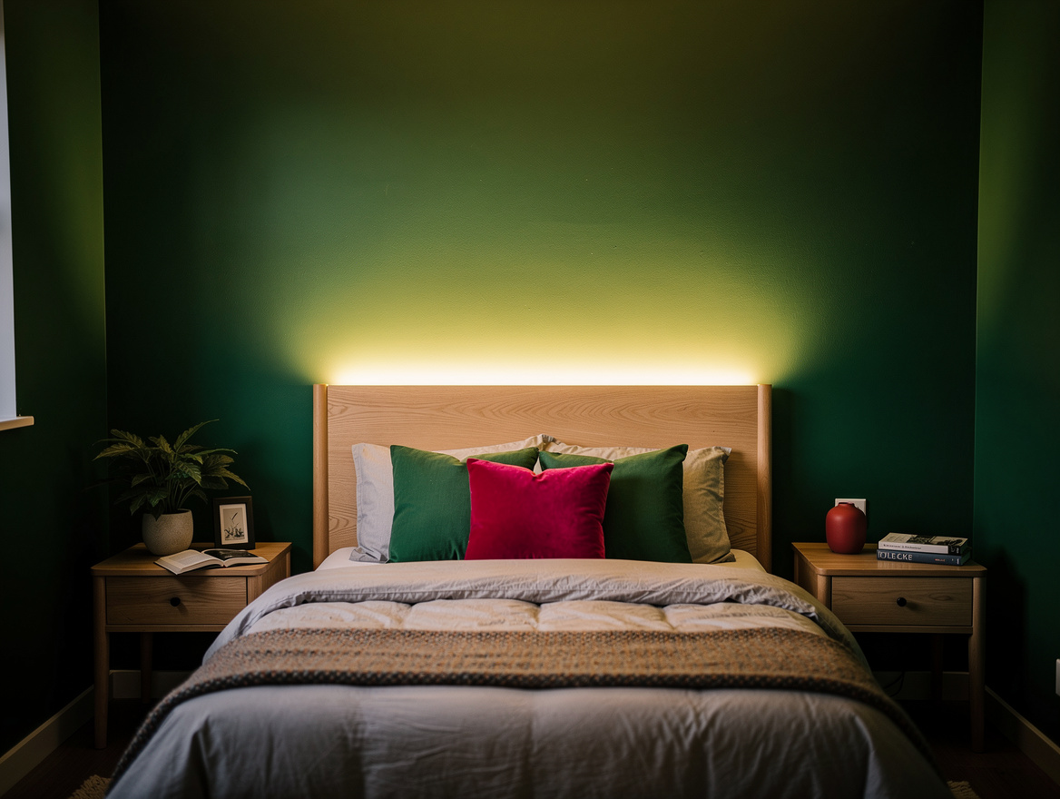 Wide atmospheric photo of a compact bedroom at night with indirect headboard lig