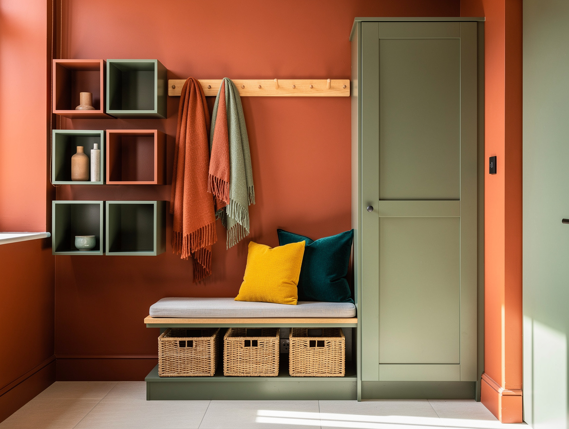 Atmospheric wide interior photo of a small bright entryway with floating cubbies