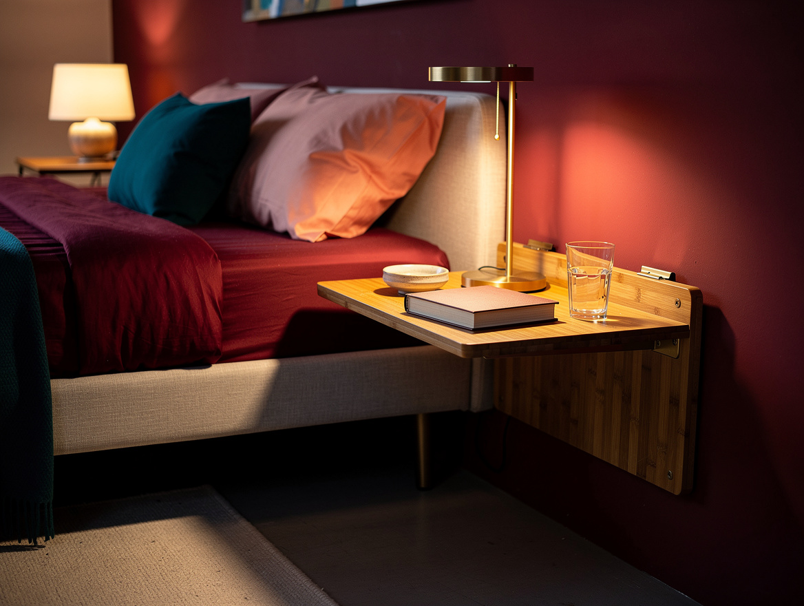 Atmospheric evening bedroom photo with a clip-on bamboo bedside shelf on a platf