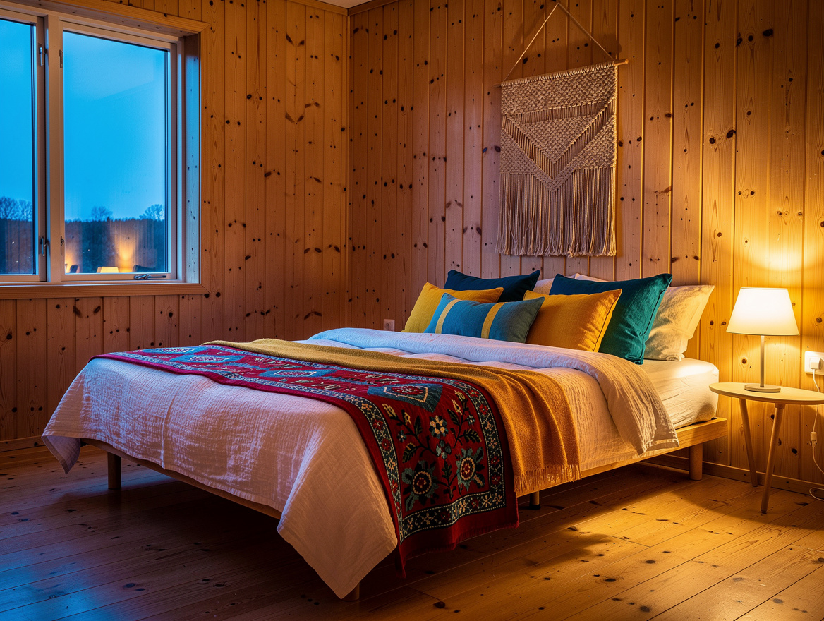 Wide atmospheric photo of a calm Scandinavian pine bedroom at dusk with linen be