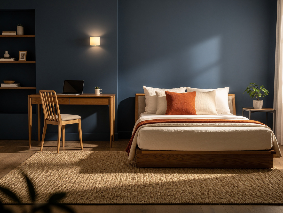 Wide atmospheric editorial photo of a dual-purpose home office guest room with a