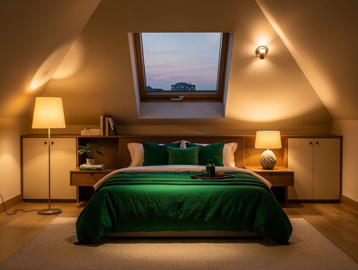 Wide atmospheric photo of a calm small attic bedroom at dusk, roof window, layer