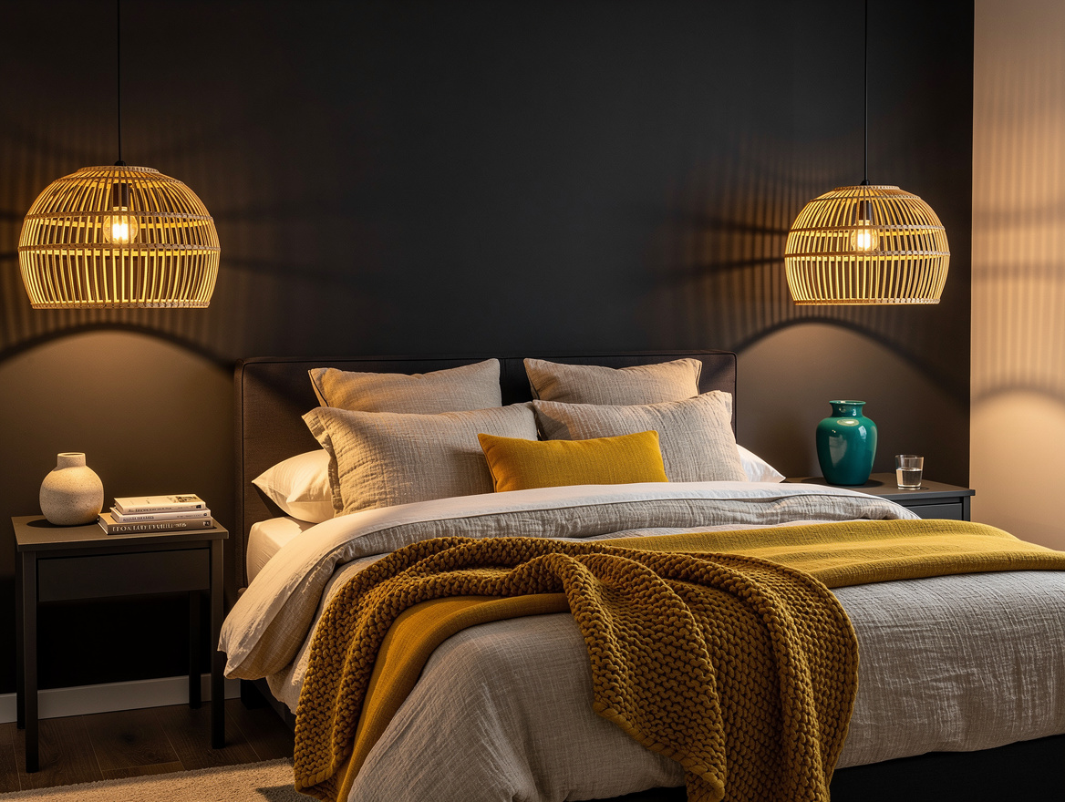 Wide atmospheric bedroom photo at dusk with woven rattan pendants over bedside t