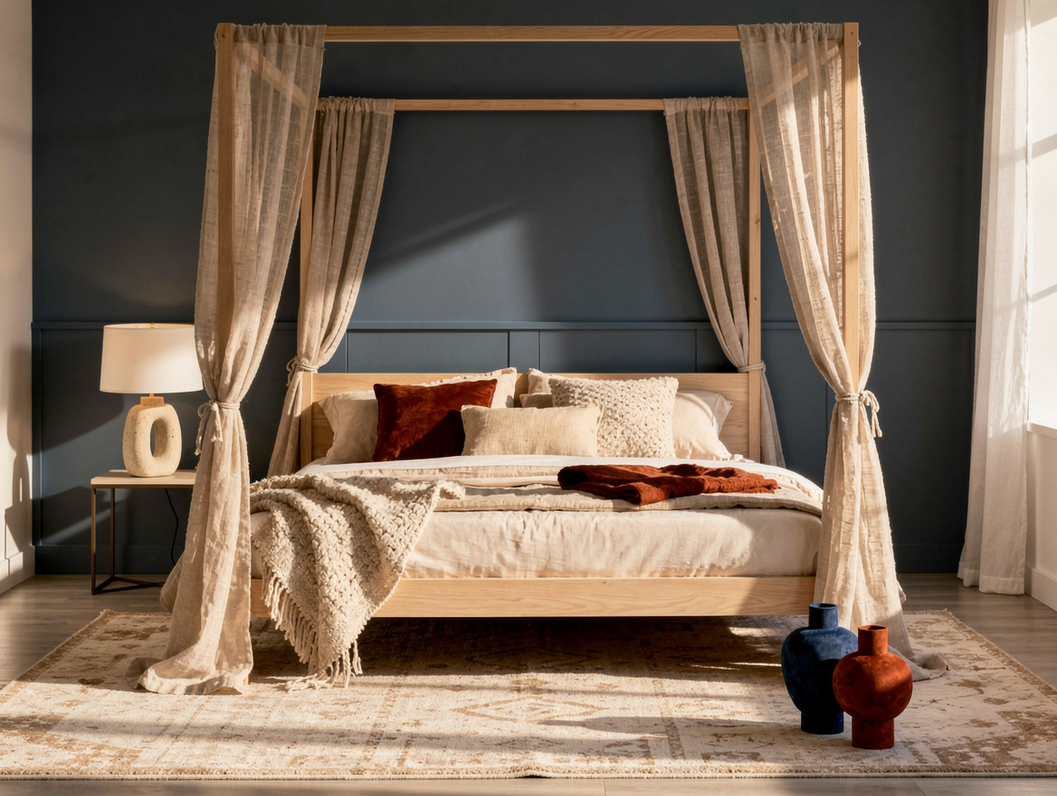 Wide atmospheric bedroom photo with a light wood canopy bed, sheer linen curtain