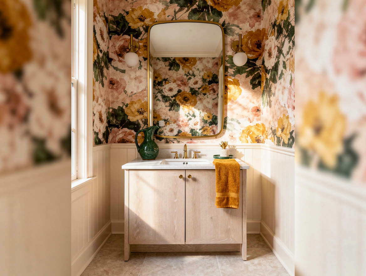 Atmospheric wide photo of a cozy powder room with blush watercolor floral wallpa
