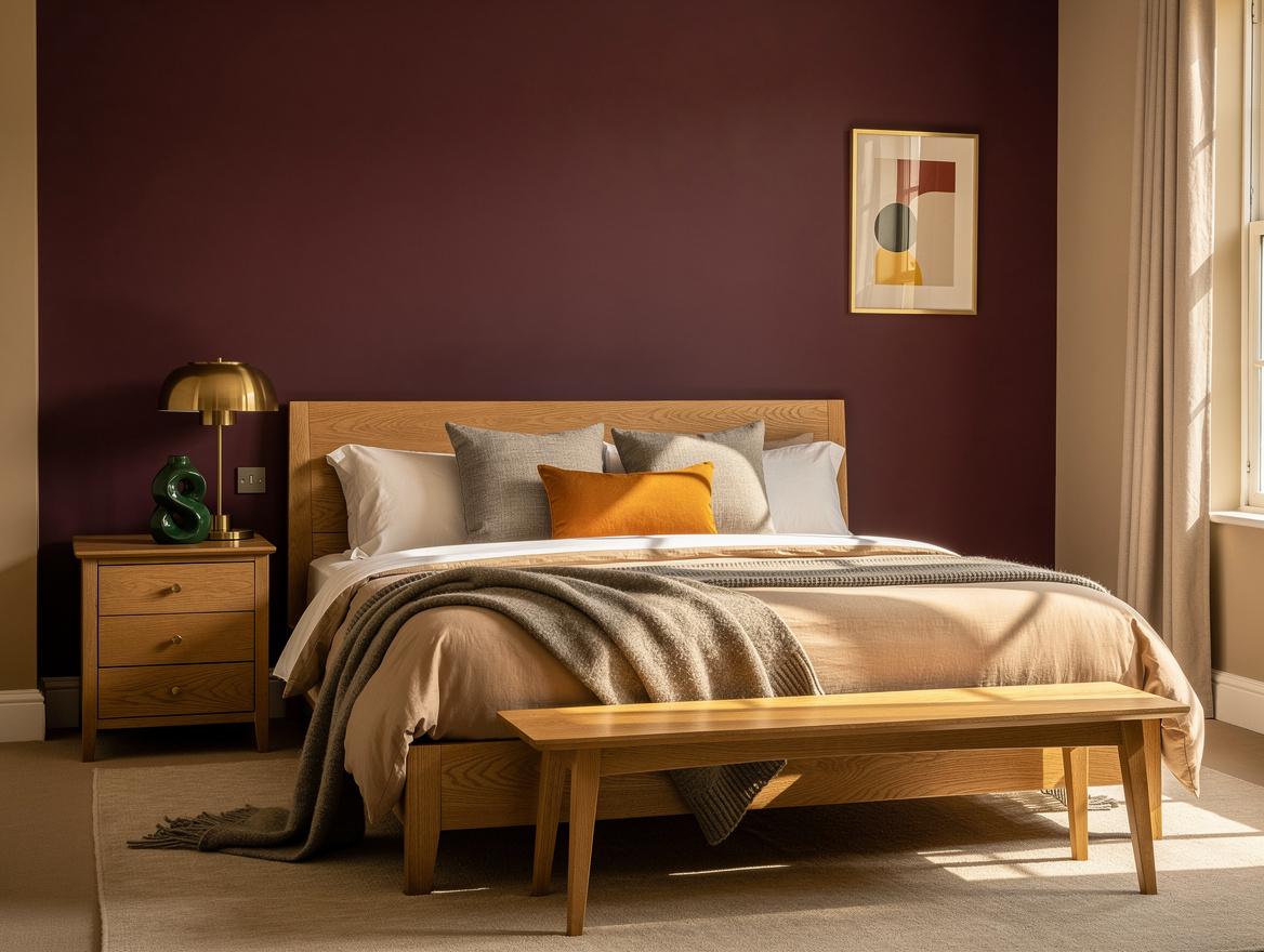 Wide atmospheric photograph of a calm plum accent-wall bedroom with warm beige w