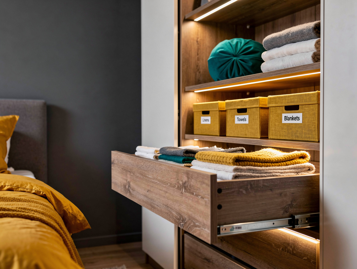 Atmospheric bedroom storage scene with open IKEA wardrobe drawers, neatly folded