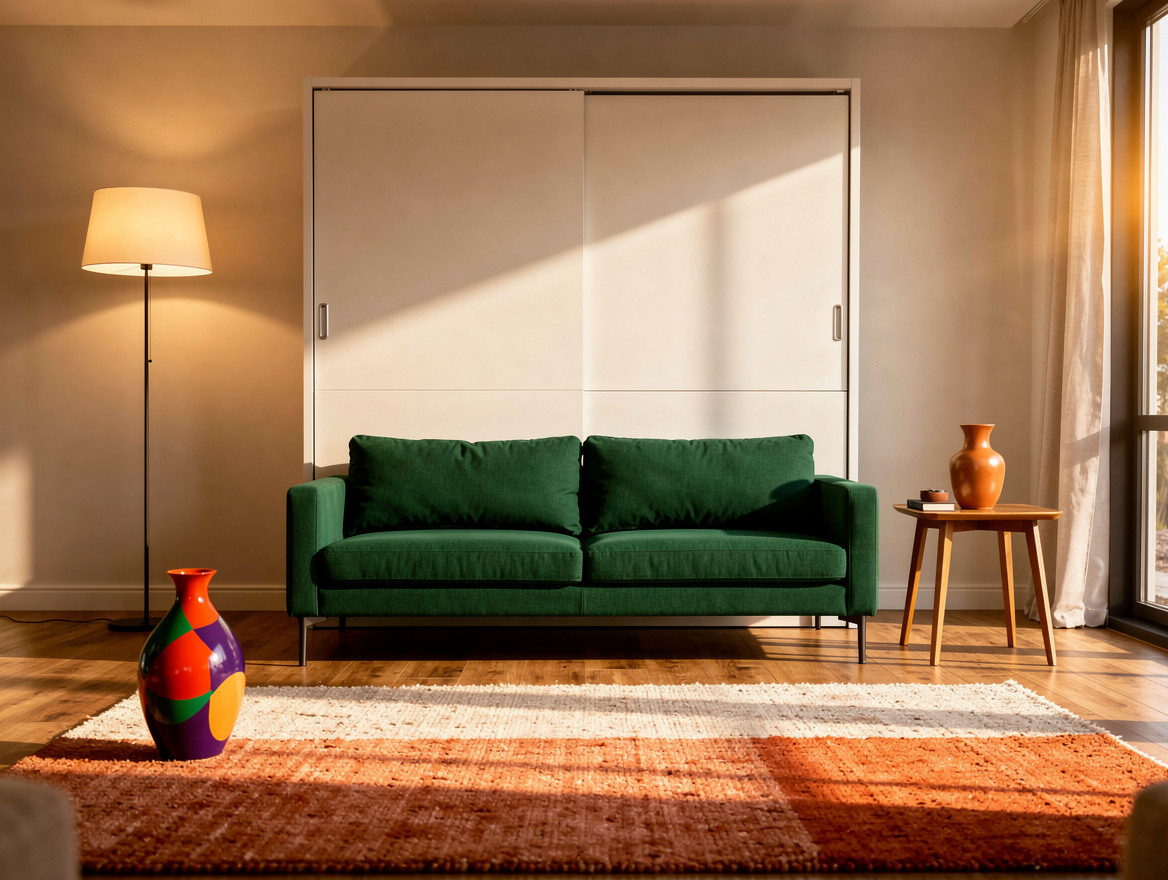 Wide atmospheric photo of a studio living room by day with a closed Murphy bed w
