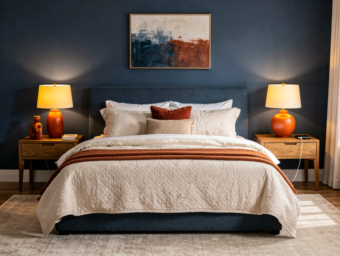 Wide atmospheric bedroom photo with matched oak bedside tables, subtle charging