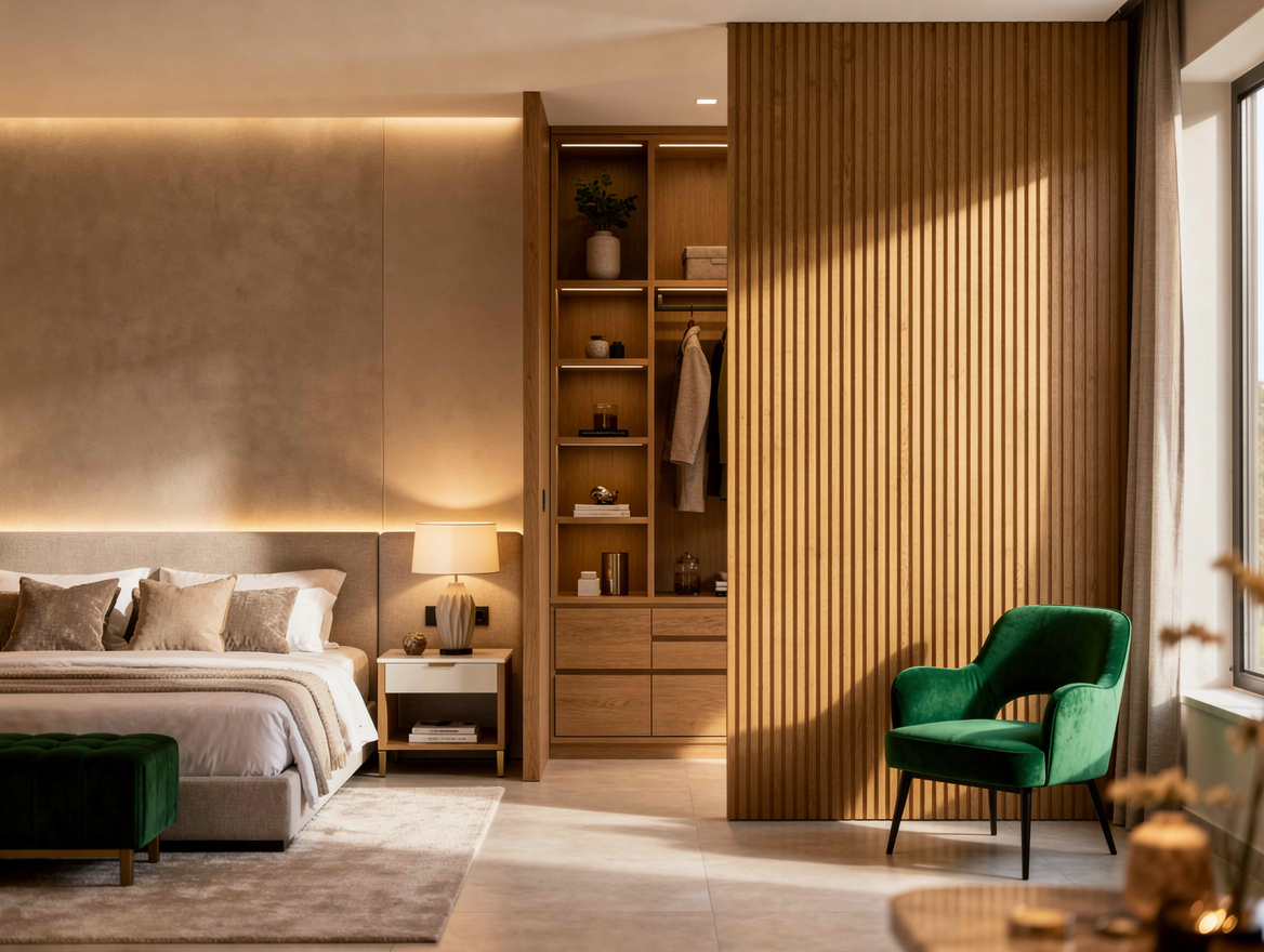 Atmospheric wide photo of a bedroom suite with a full-height fluted wood partiti