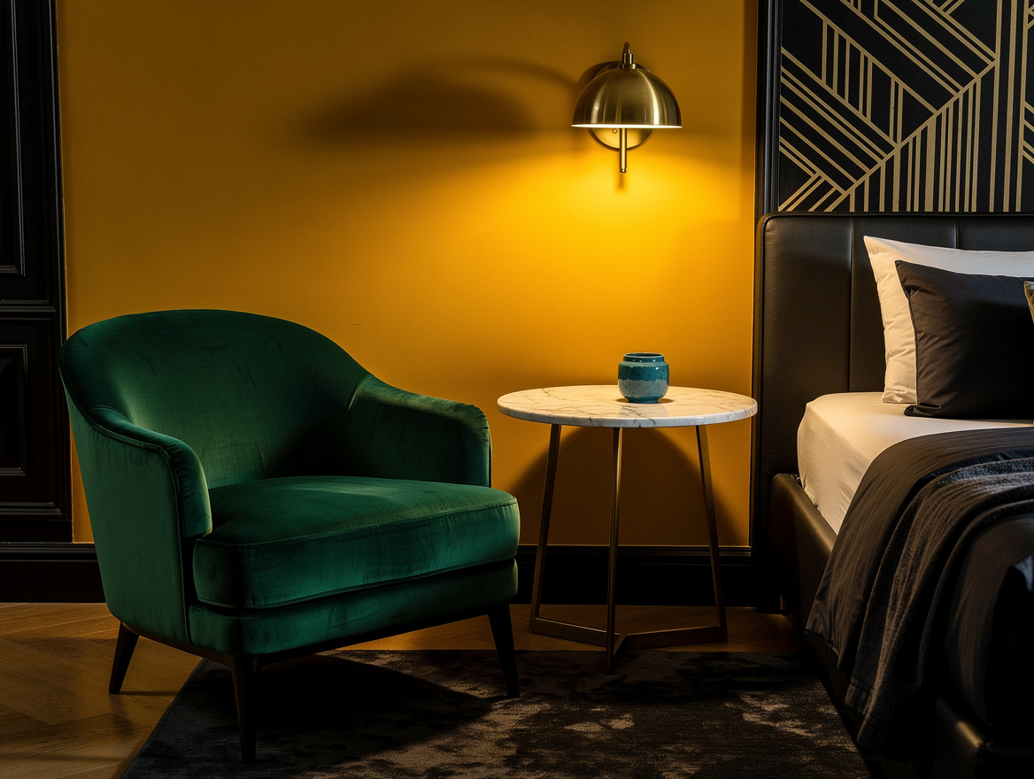 Atmospheric evening editorial photo of an emerald velvet accent chair beside a m