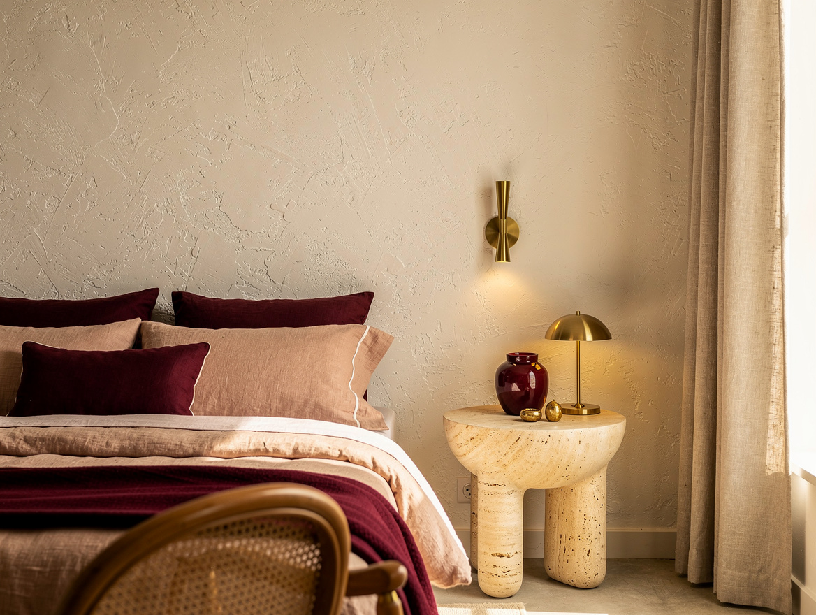 Wide atmospheric editorial bedroom photo with textured warm white limewash wall,
