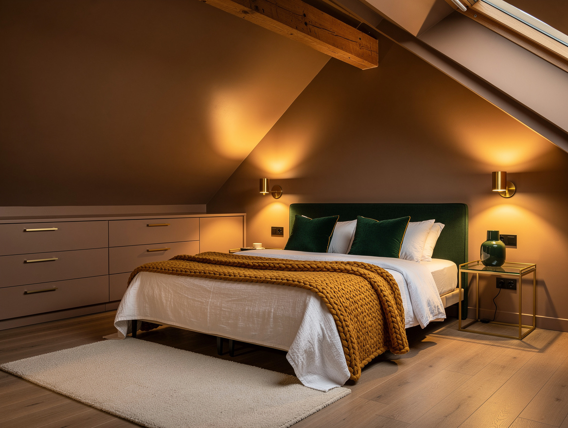 Atmospheric wide photo of a cozy attic bedroom at dusk, warm taupe sloped ceilin