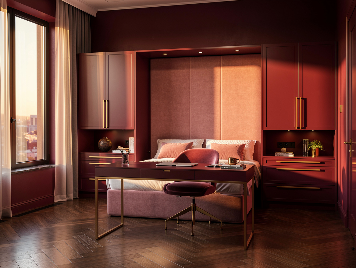 Wide editorial home-decor photo of an office-first room with a closed Murphy bed