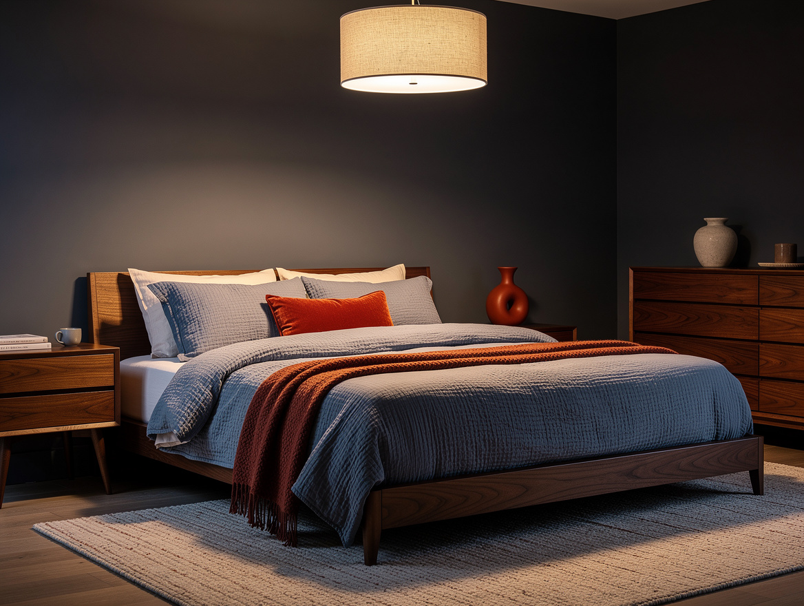 Atmospheric wide photo of a cozy low-ceiling bedroom with linen bedding, walnut