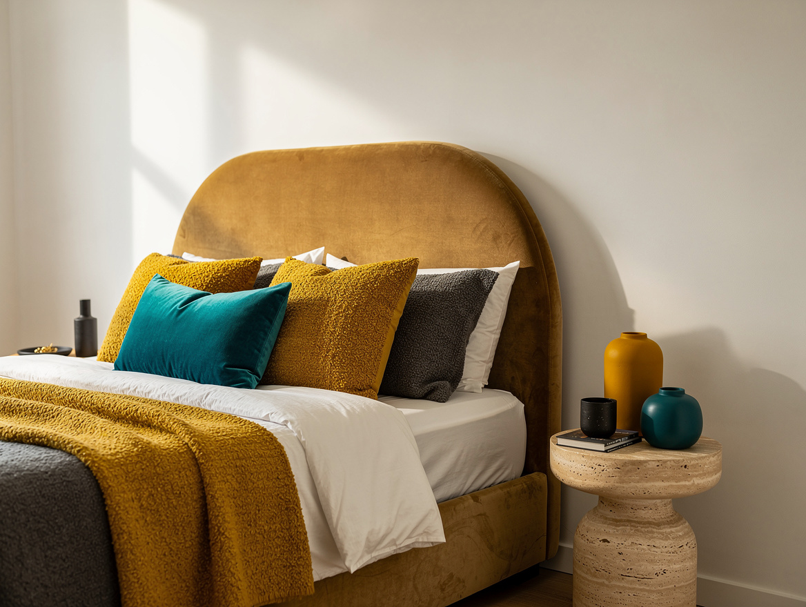 Wide atmospheric home-decor photograph of a modern organic bedroom with a rounde