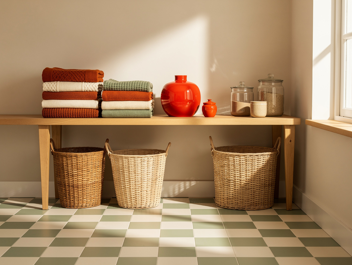 Wide atmospheric editorial photo of a warm laundry room with ivory and muted sag