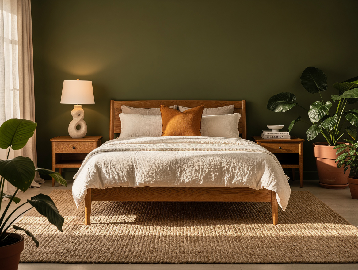 Wide atmospheric bedroom photograph, olive accent wall behind oak bed, cream lin