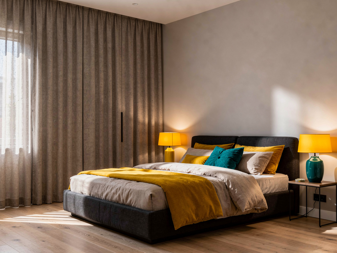 Wide atmospheric bedroom photo with a soft greige floor-to-ceiling curtain wall