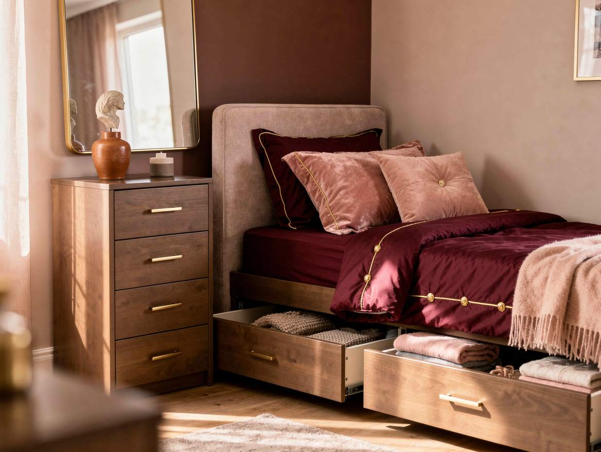 Wide atmospheric realistic home-decor photo of a small corner-bed bedroom with u