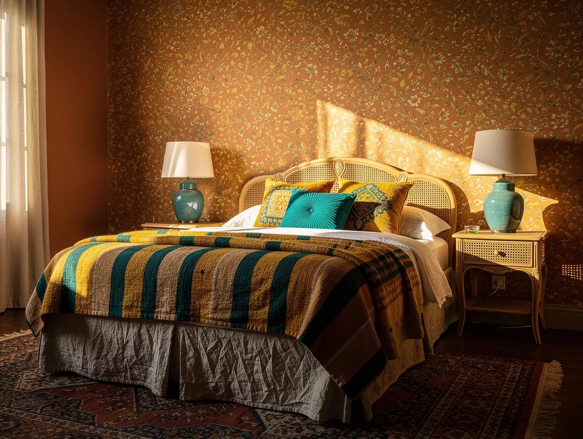 Wide atmospheric photo of a soft vintage eclectic bedroom with dusty floral wall