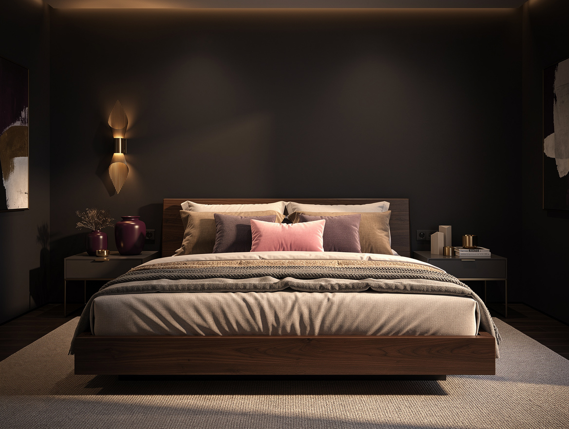 Wide atmospheric photograph of a dark modern king bedroom with walnut platform b