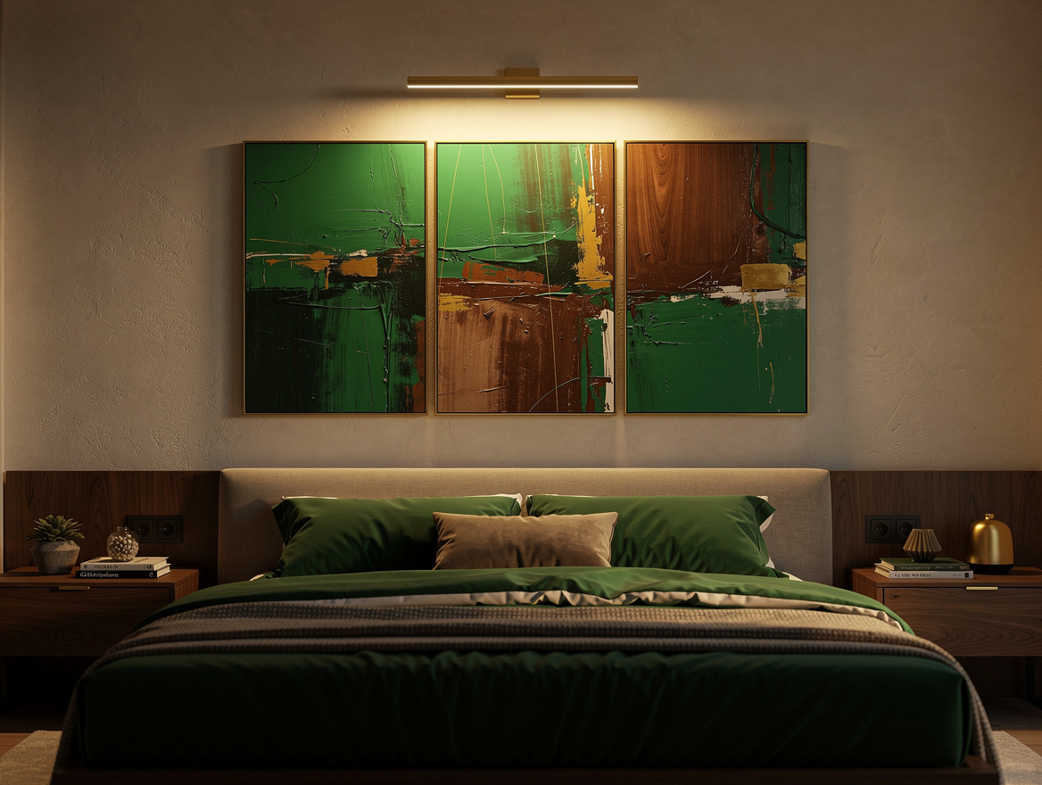 Atmospheric evening bedroom photograph with a slim satin brass picture light abo