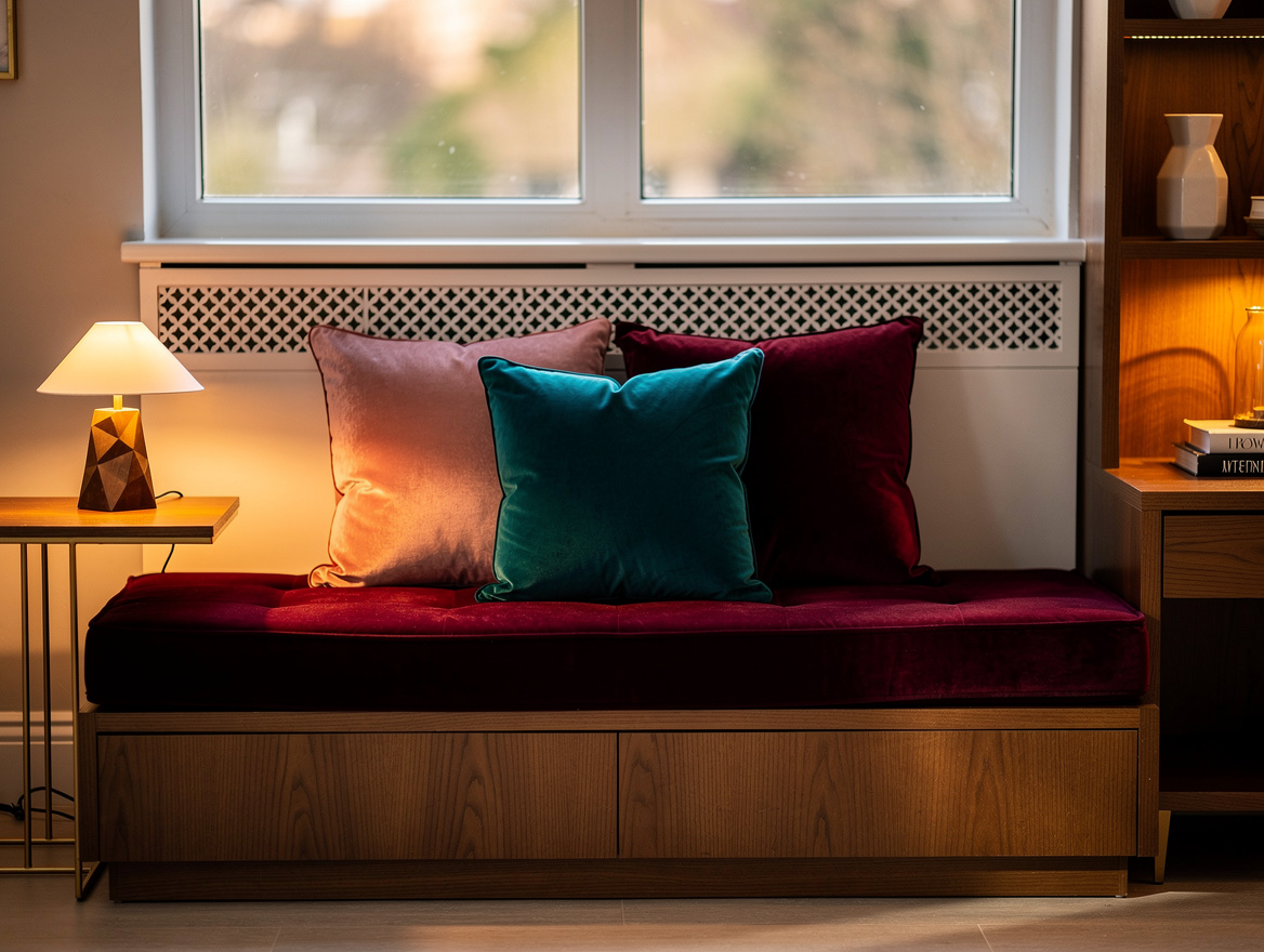 Atmospheric wide editorial photo of a bedroom daybed banquette beneath a large w