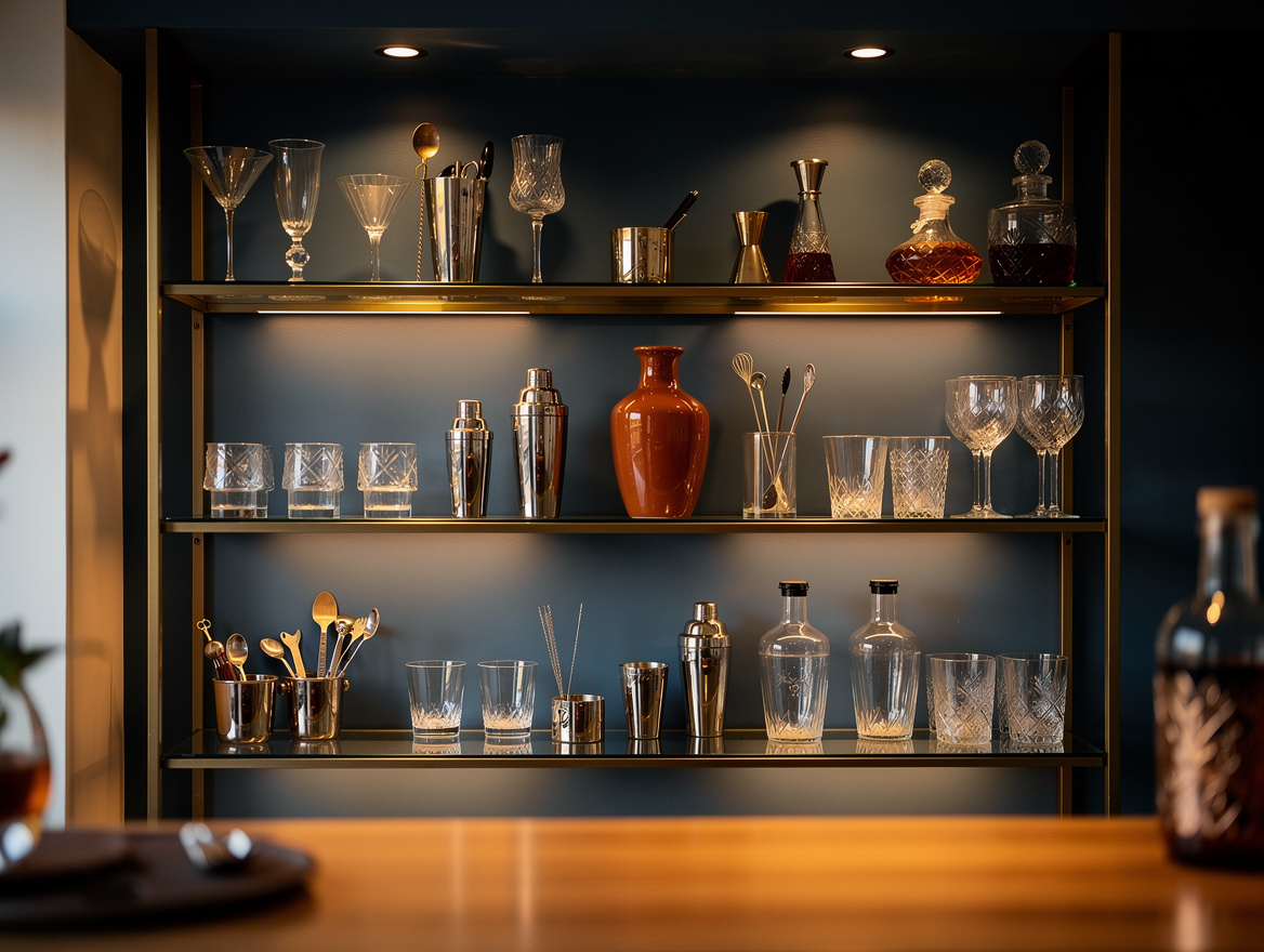 Atmospheric wide photo of a warm bistro-inspired kitchen bar wall with brass-fra
