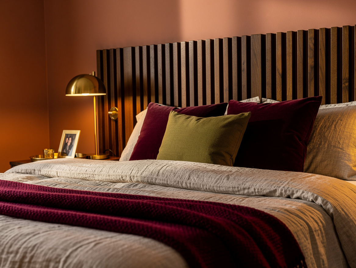 Wide atmospheric bedroom photograph with dusty peach walls, walnut slat headboar