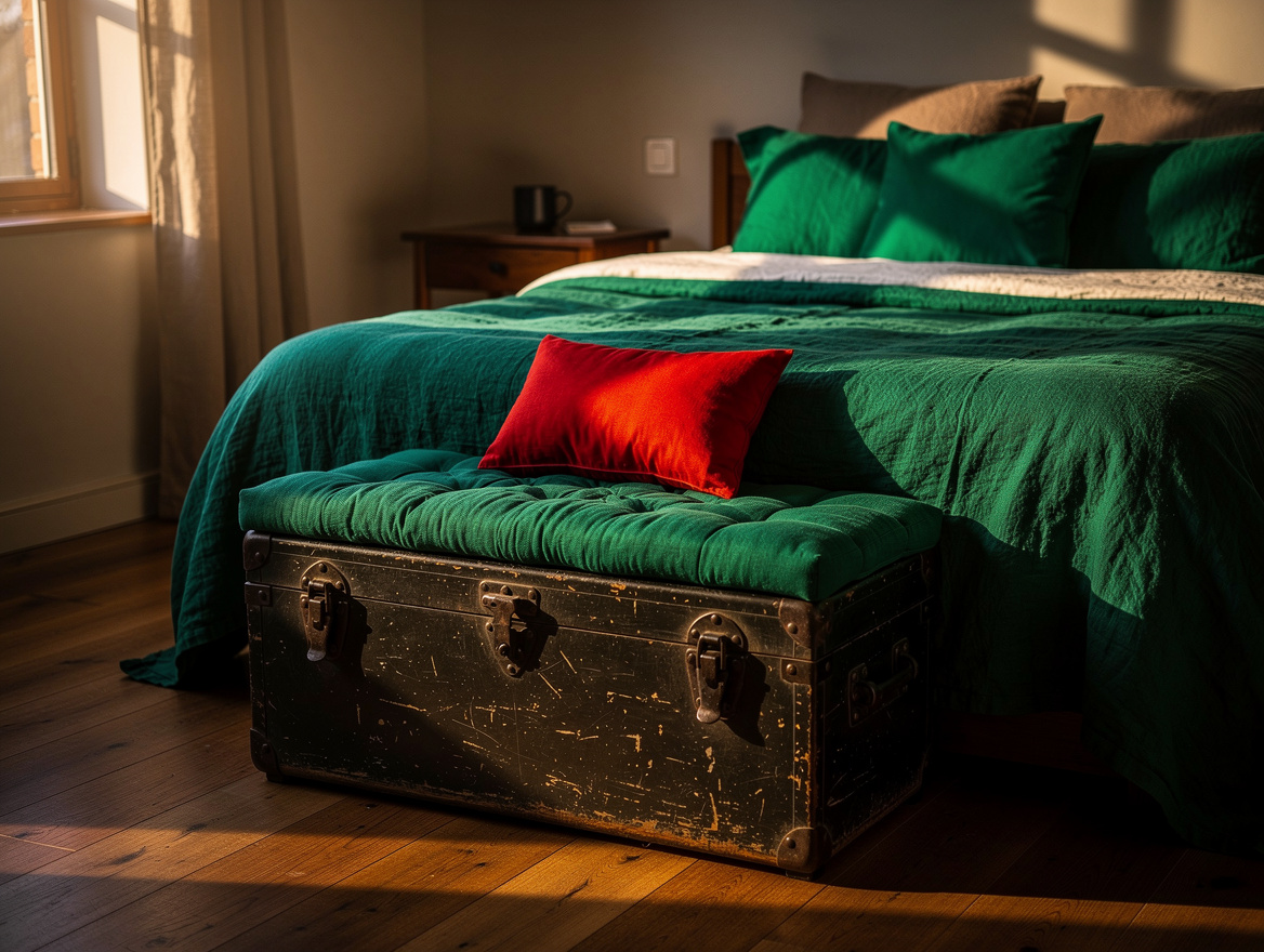Atmospheric bedroom scene with a charcoal military footlocker used as a cushione