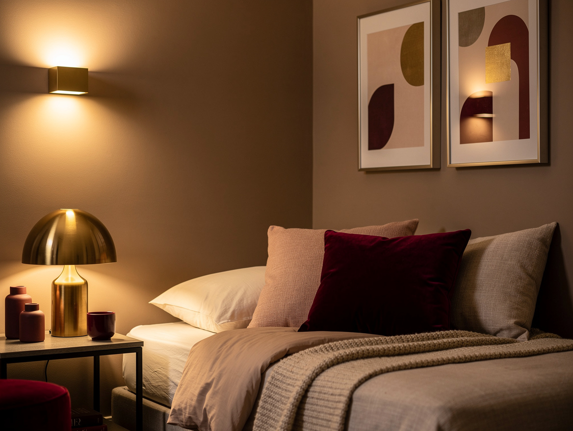 Atmospheric editorial photo of a cozy small bedroom at dusk, corner bed with lay